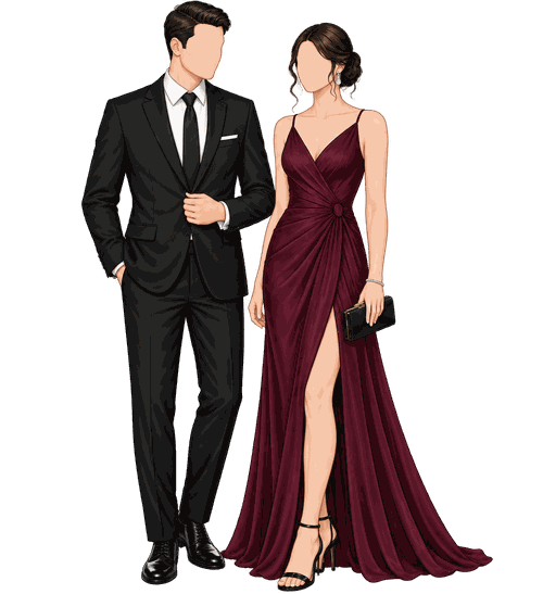 Ilustración de una pareja: él de traje negro con corbata, ella con vestido largo borgoña